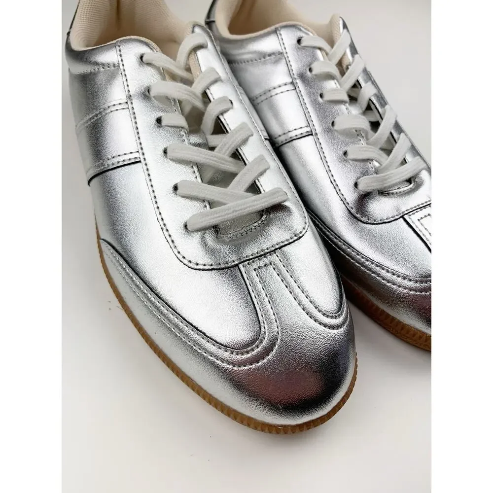 J Crew Field Sneakers Metallic Silver Faux Leather Women's 9 Extra Wide Casual